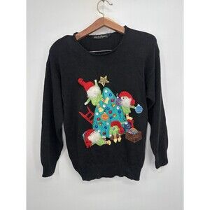 VTG Christmas Work‎ in Progress Sweater Womens M  Black Elves Tree Holiday Cot